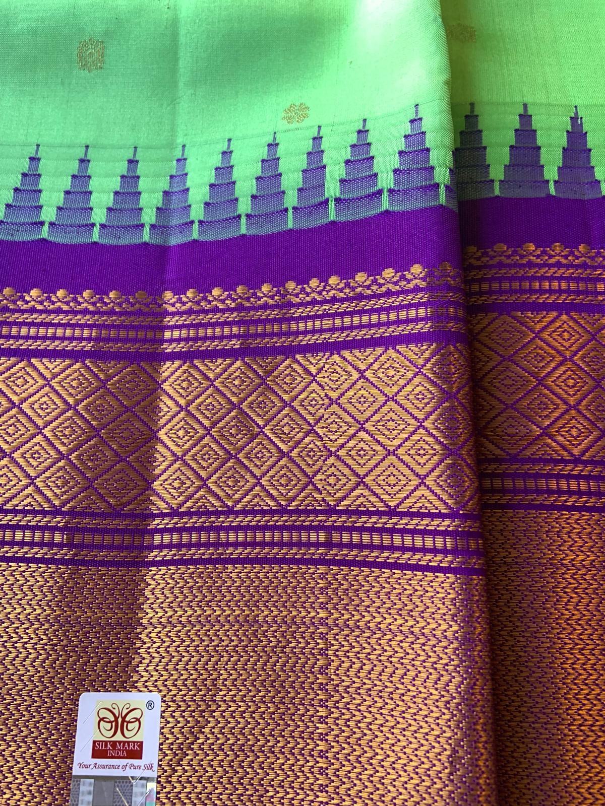 Pure Kanchipuram Silk Saree Sea Green with Purple & Golden Zari Border