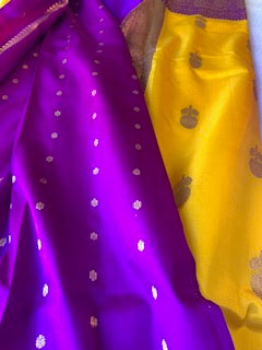 Pure Katan Banarasi  Saree Purple and Mustard Yellow Color SILK MARK CERTIFITED