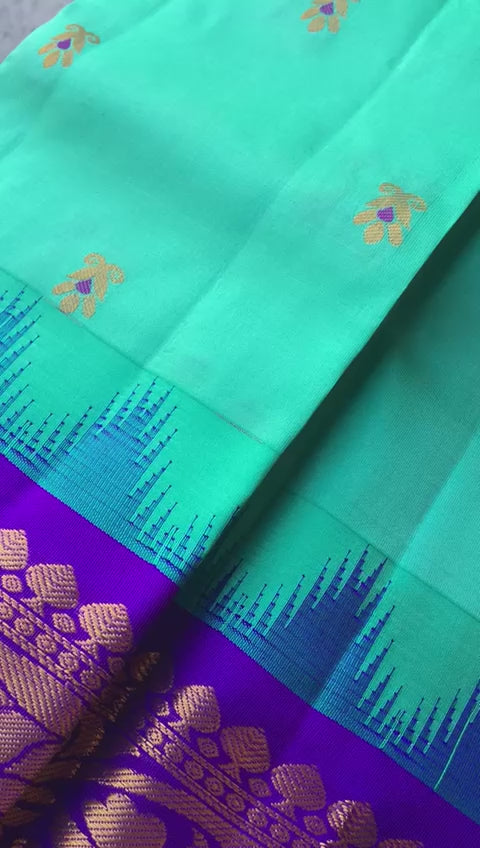 Pure Kanchipuram Silk Saree Turquoise & Burgundy & Golden Zari