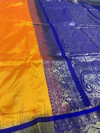 Orange and Blue Colored Silk Mark Kanjivaram Saree